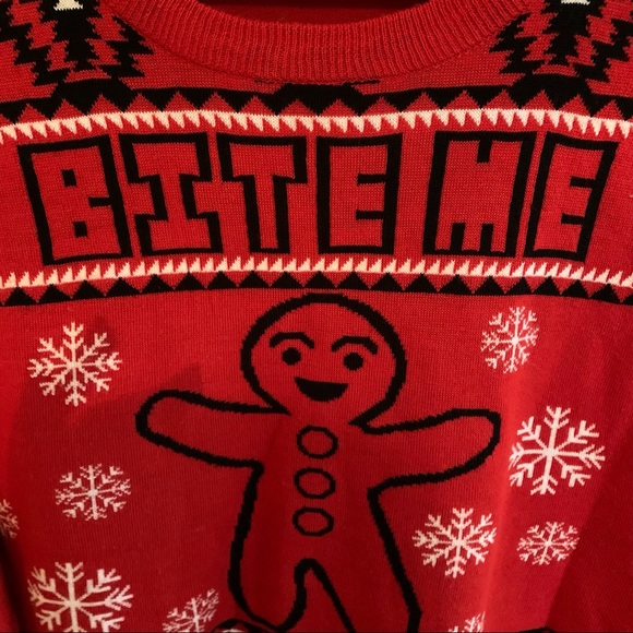 Men’s Ugly “Bite Me” Gingerbread Christmas Sweater - Picture 3 of 8